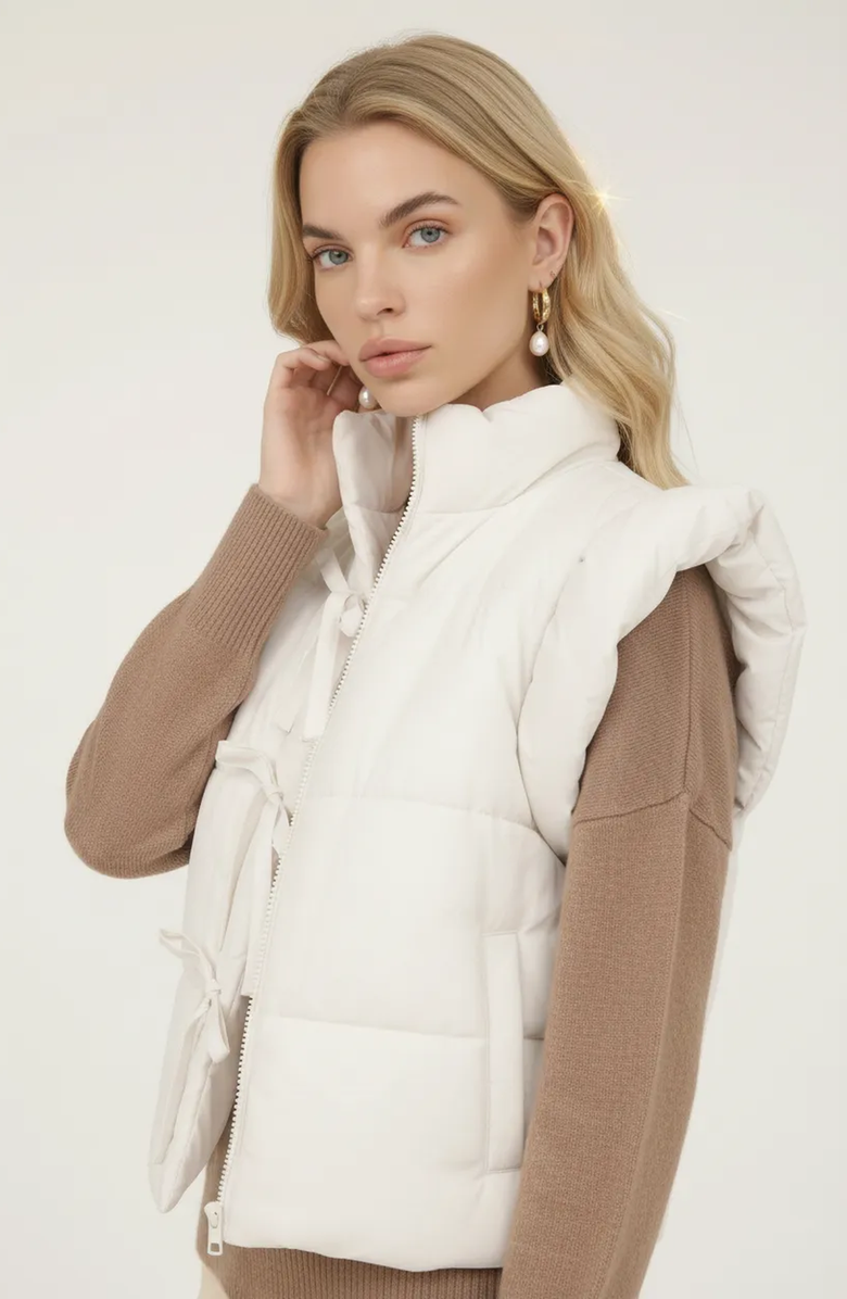 Modenaire Ruffle Shoulder Puffer Vest with Front Tie Closures and Stand Collar, Alternate, color, White