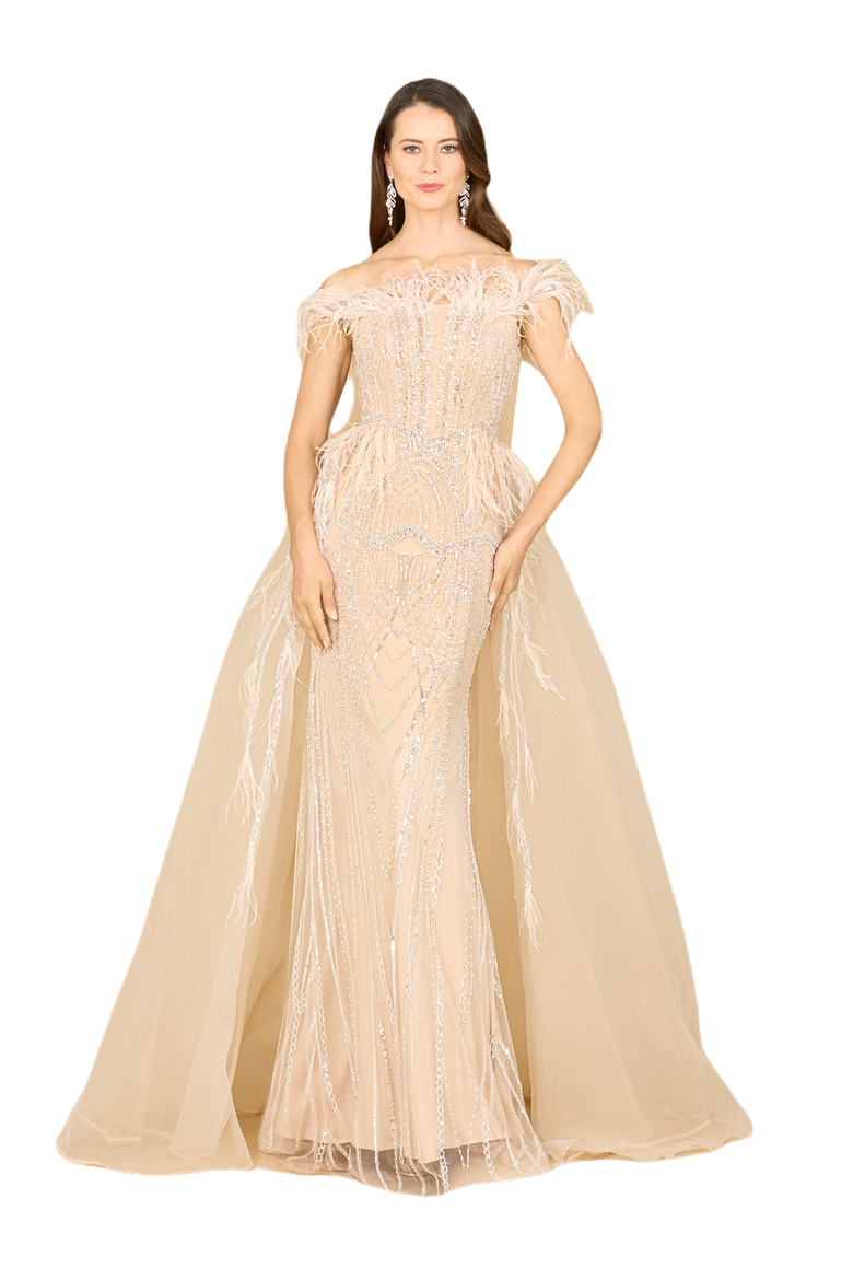 Off Shoulder Gown with Feathers, Main, color, Champagne