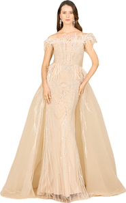 LARA New York Off Shoulder Gown with Feathers