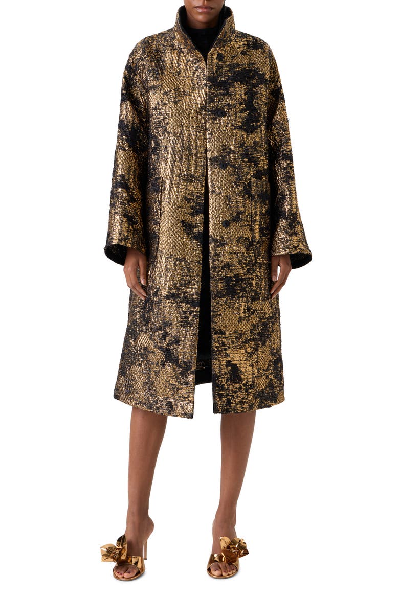 Metallic Jacquard A-Line Coat, Main, color, BLACK-GOLD