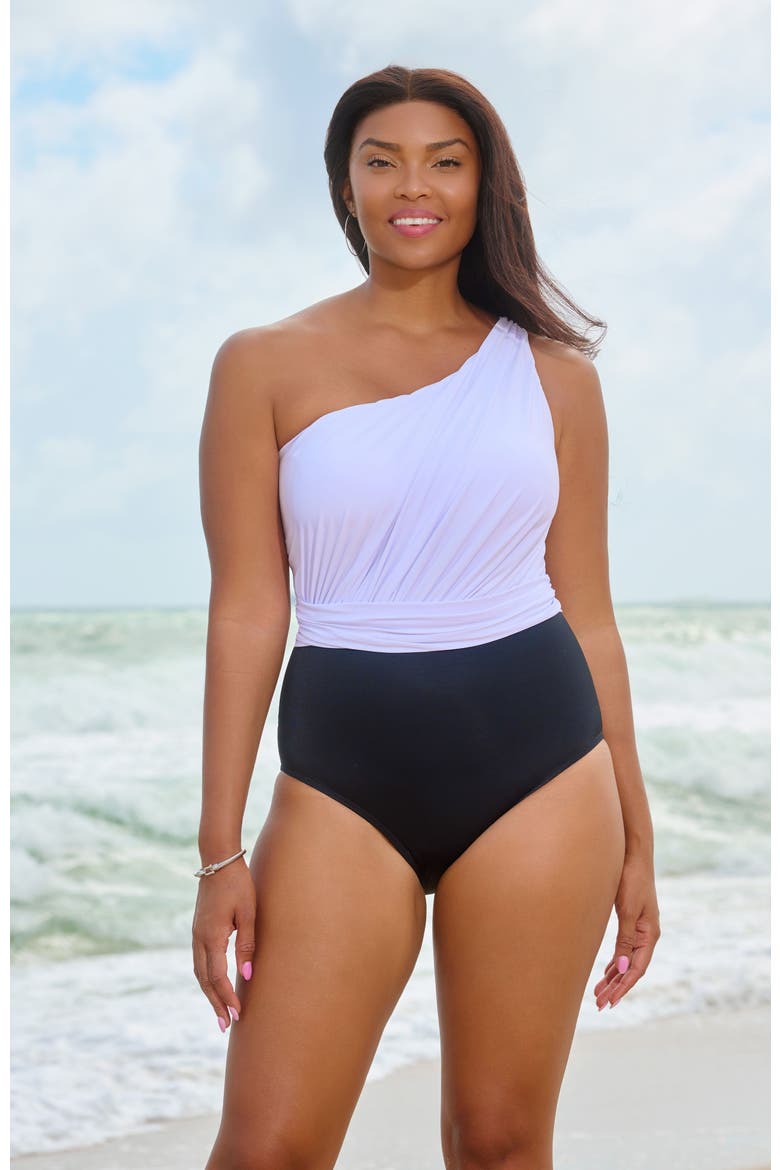 Heather One Shoulder One-Piece Control Swimsuit, Alternate, color, Black and White