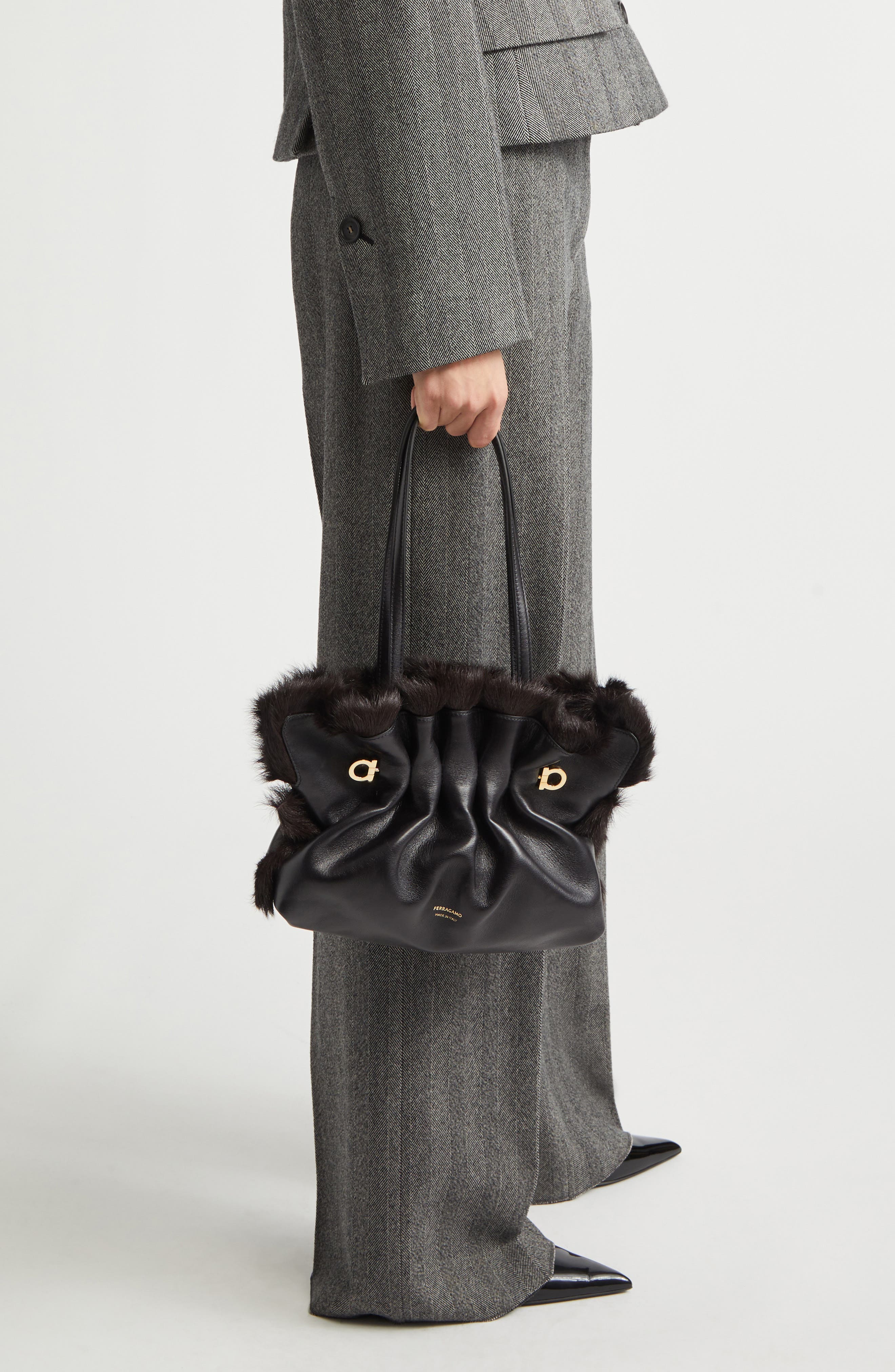 FERRAGAMO Small Gancio Piercing Soft Leather & Genuine Shearling Shoulder Bag, Alternate, color, Nero