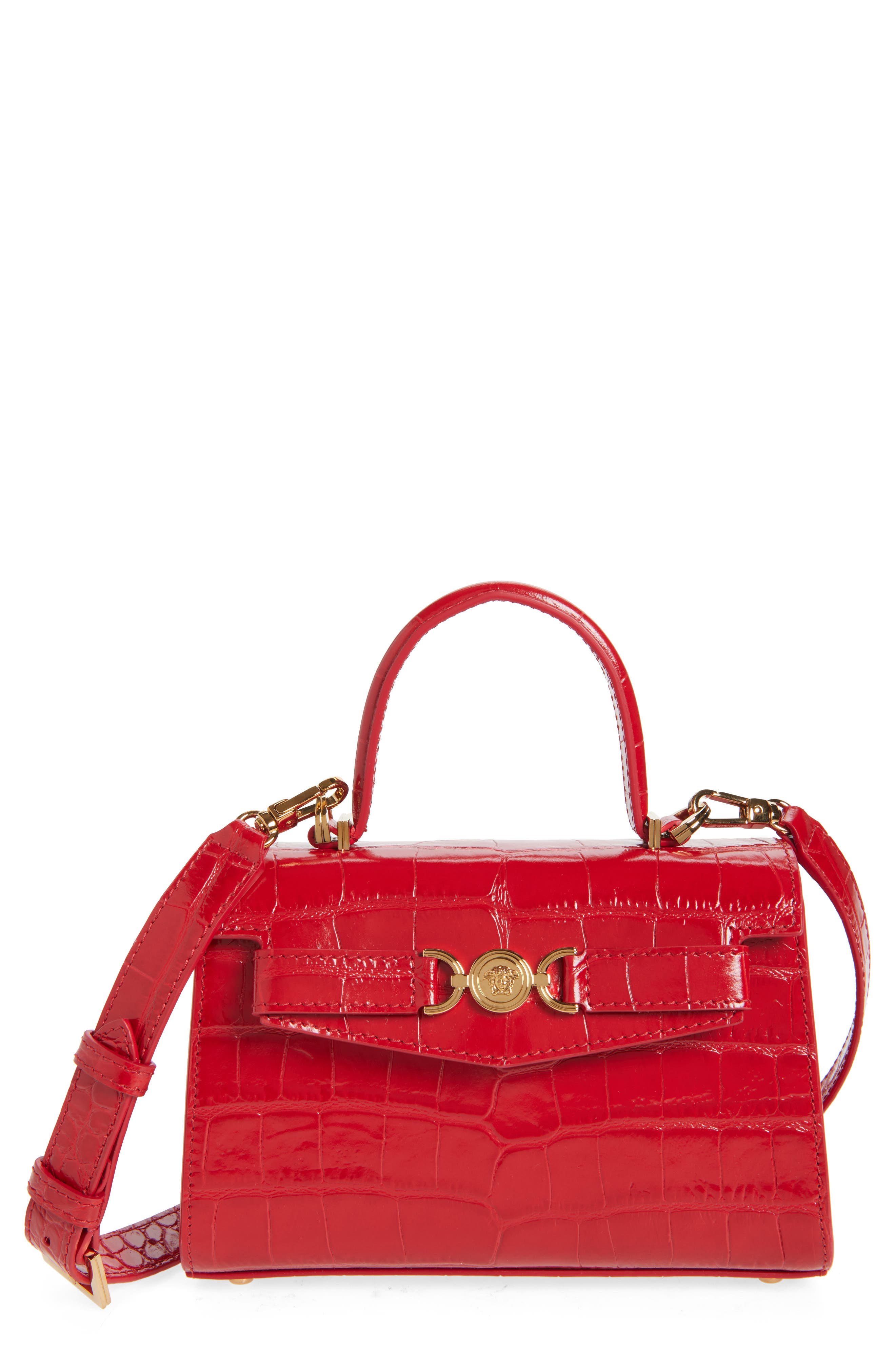 Versace Small Medusa '95 Croc Embossed Leather Top Handle Bag, Main, color, 