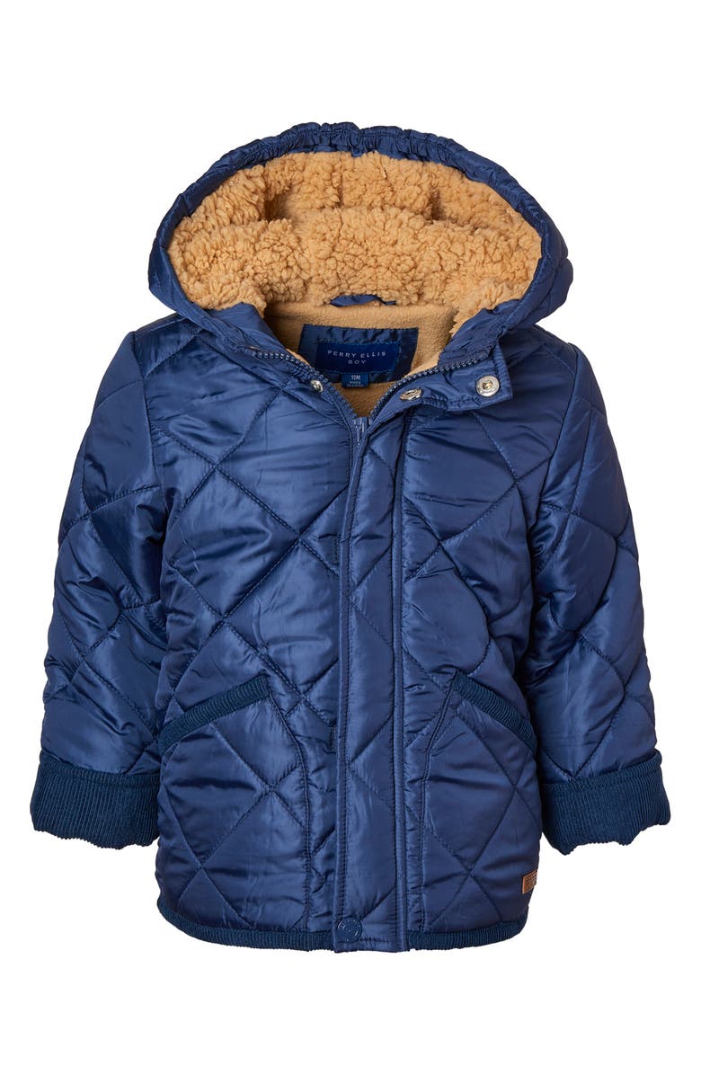 Perry Ellis Faux Shearling Lined Hood Quilted Jacket, Main, color,