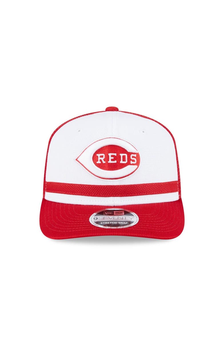 New Era Men's New Era White/Red Cincinnati Reds 2025 Batting Practice 9SEVENTY Stretch-Snap Trucker Hat, Alternate, color,