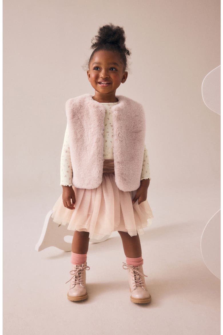 Kids' Floral Print T-Shirt, Faux Fur Vest & Tulle Skirt Set, Alternate, color, PINK