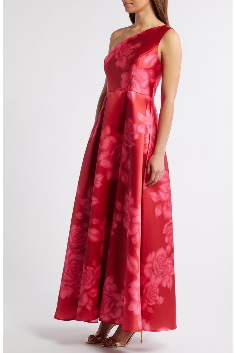 Floral One-Shoulder Satin Gown, Alternate, color, RED