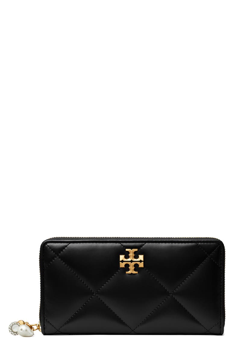 Kira Diamond Quilted Charm Zip Around Continental Wallet, Main, color, BLACK
