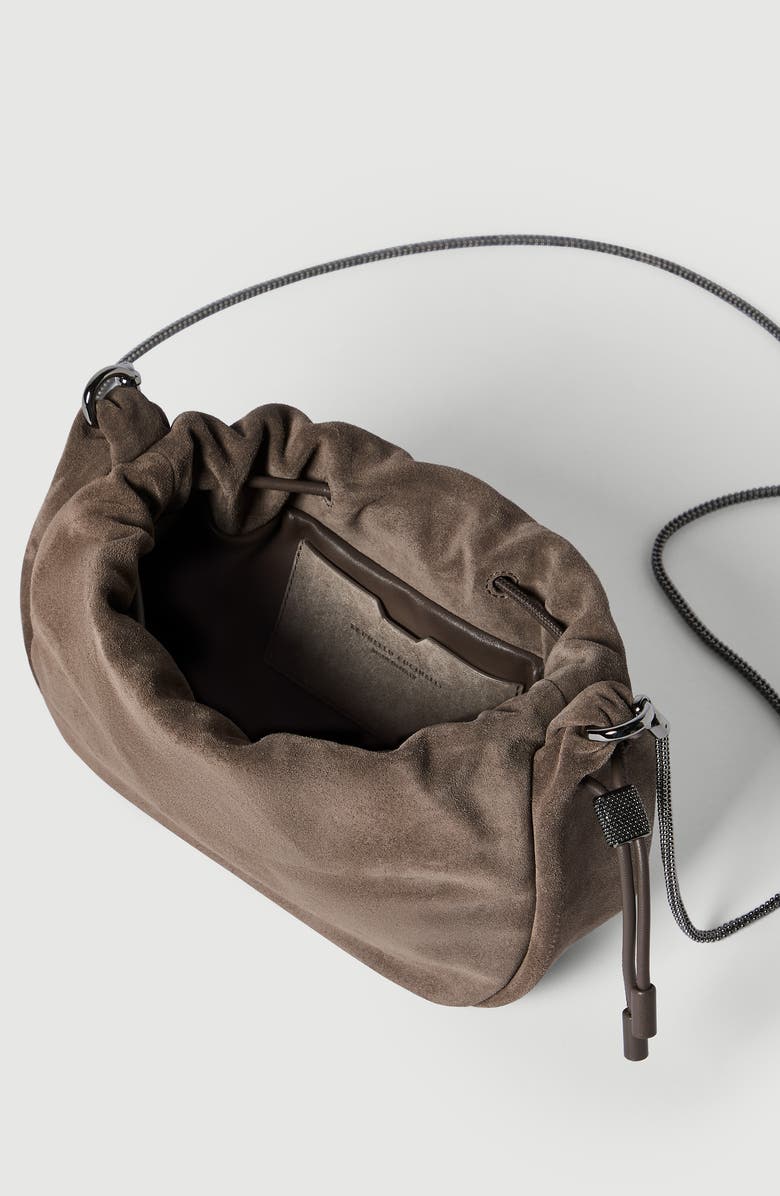 Brunello Cucinelli Suede mini Mellow Bucket bag, Alternate, color, Light Brown