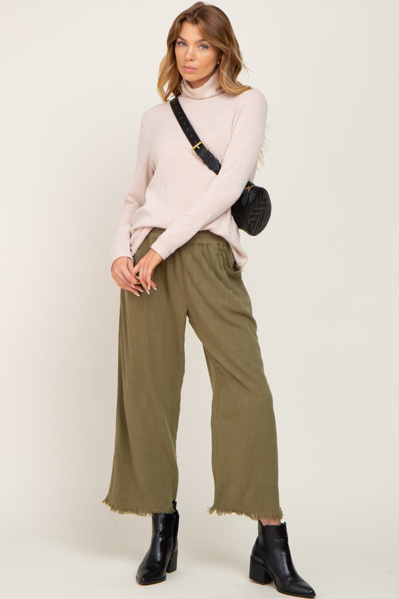 Linen Frayed Hem Crop Pants, Alternate, color, Olive Green