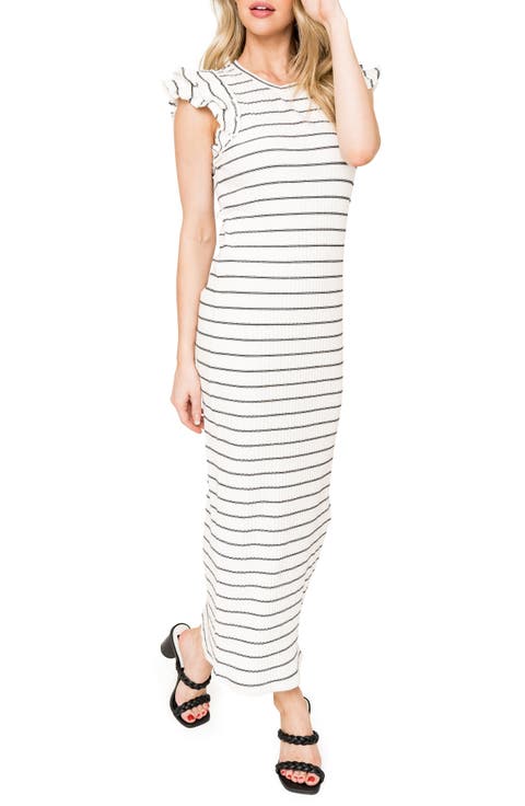 Stripe Ruffle Sleeve Cotton Knit Maxi Dress