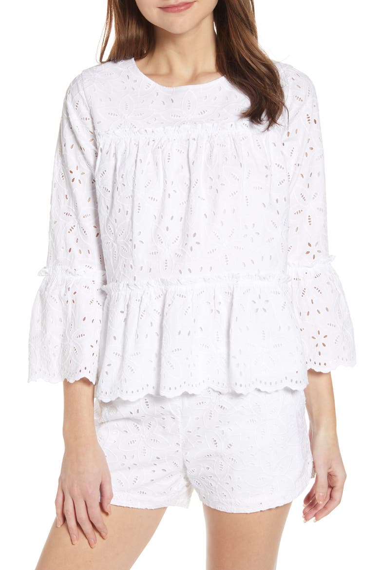 Eyelet Tiered Cotton Blouse, Main, color, WHITE CAP