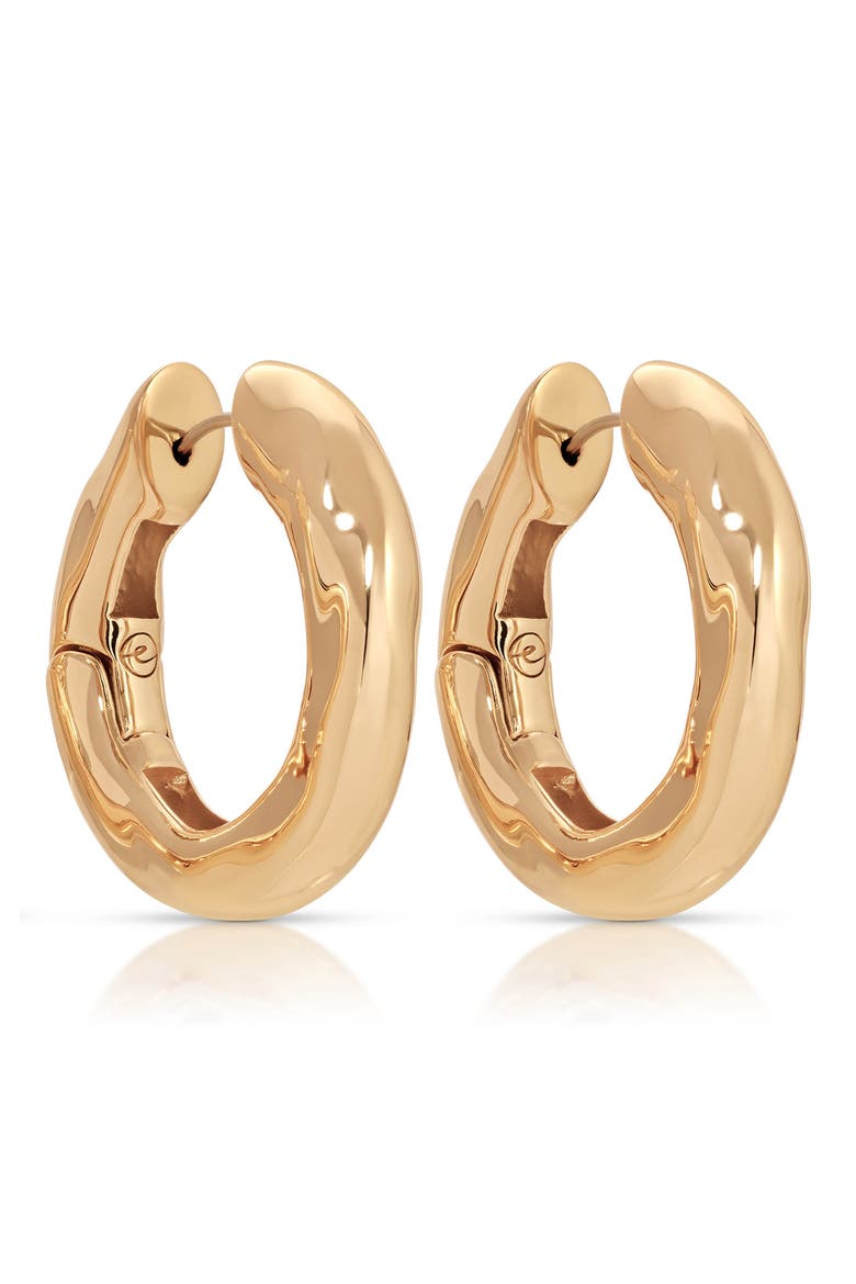 Molten Hoop Earrings, Alternate, color, GOLD