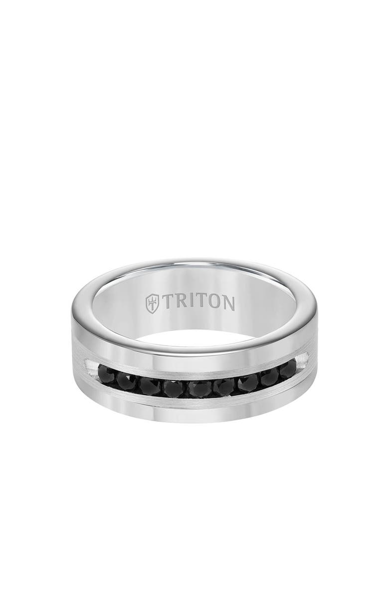 Triton 8MM Ring with Channel Set Black Diamonds Silver Satin Finish and Round Edge, Alternate, color, 