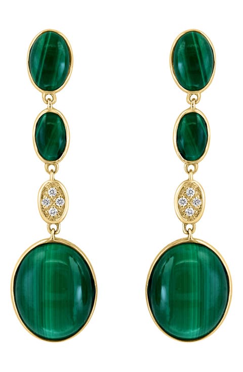 14K Yellow Gold Malachite & Diamond Drop Earrings - 0.03ct.