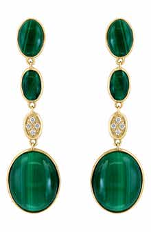 14K Yellow Gold Malachite & Diamond Drop Earrings - 0.03ct.