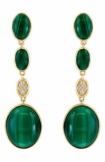 14K Yellow Gold Malachite & Diamond Drop Earrings - 0.03ct.