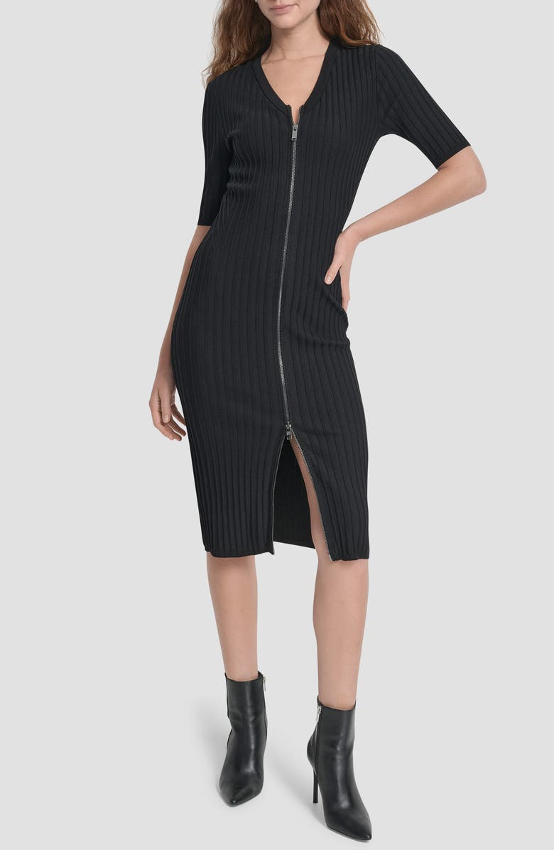 DKNY Ribbed Front Zip Sweater Dress, Main, color, Black