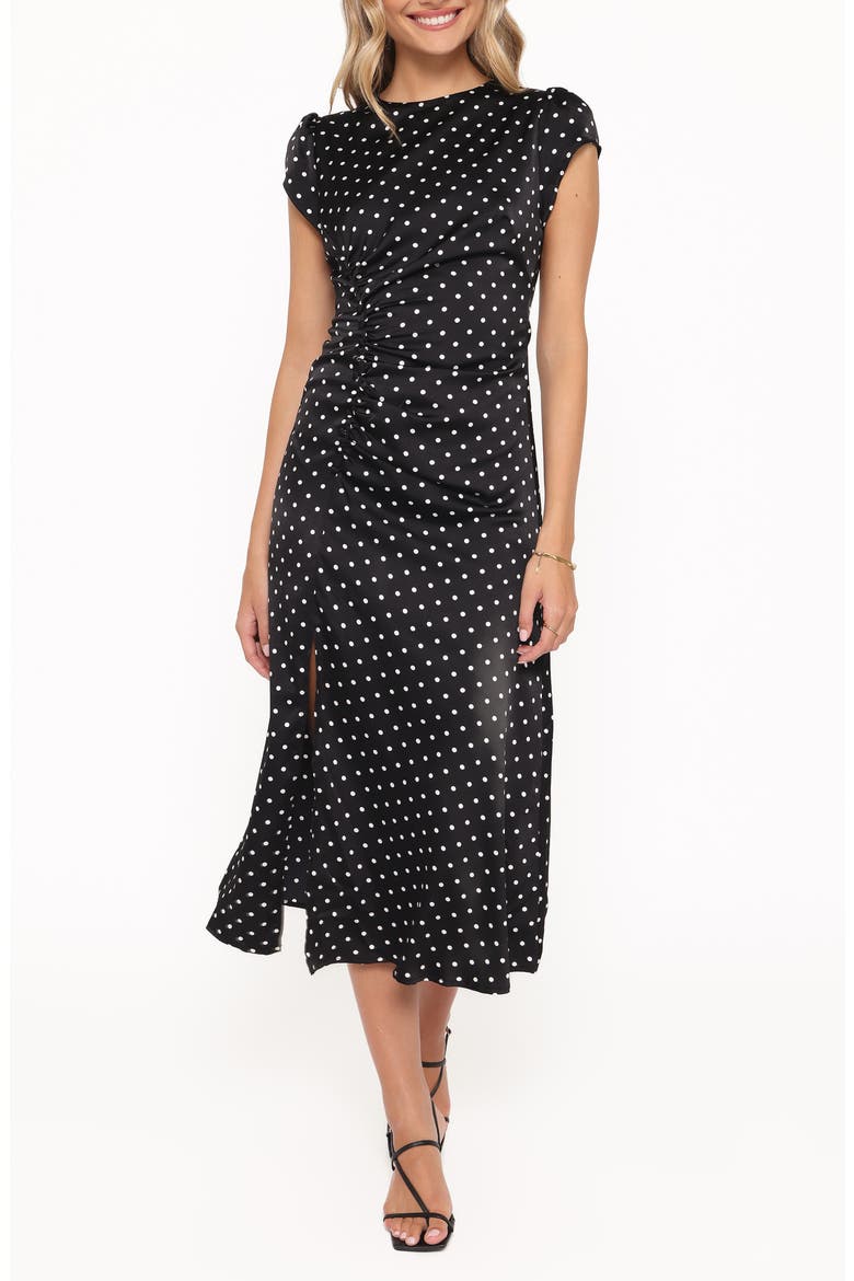 Lisbeth Polka Dot Cap Sleeve Satin Midi Dress, Main, color, BLACK POLKA DOT