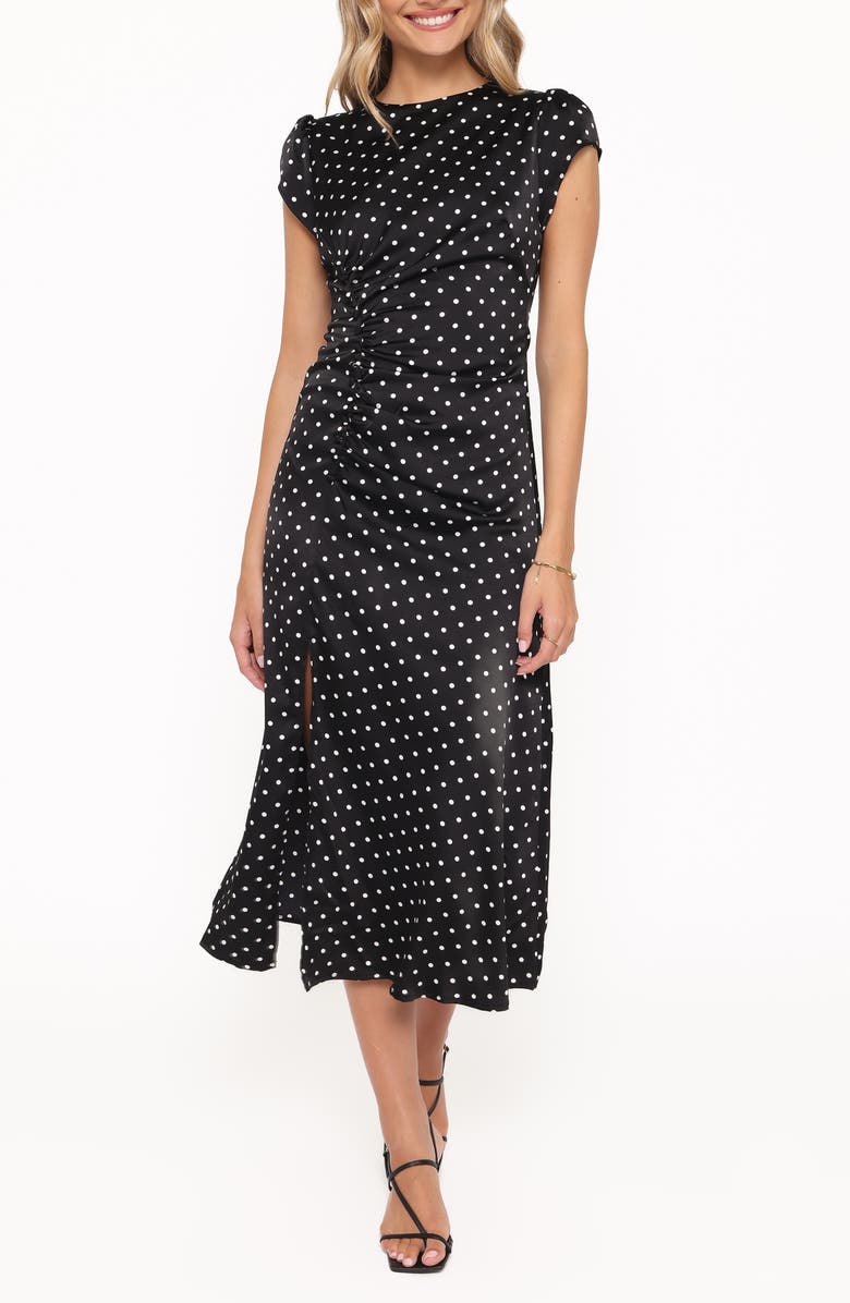 Petal & Pup Lisbeth Polka Dot Cap Sleeve Satin Midi Dress, Main, color, Black Polka Dot