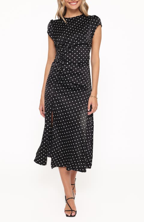 Lisbeth Polka Dot Cap Sleeve Satin Midi Dress