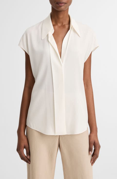 Cap Sleeve Stretch Silk Button-Up Shirt