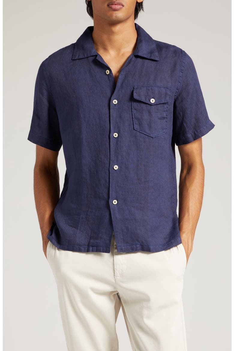 Short Sleeve Linen Button-Up Shirt, Main, color, NAVY