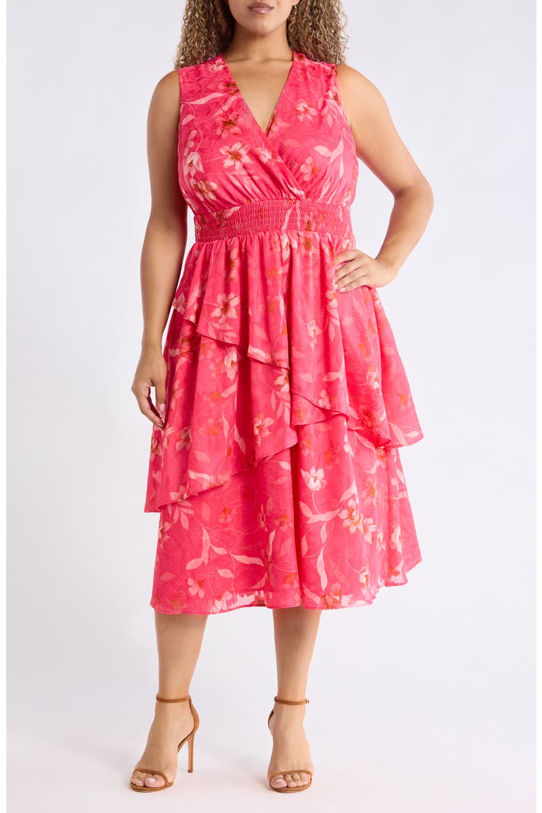 Tiered Ruffle Midi Dress, Main, color, GRENADINE MULTI
