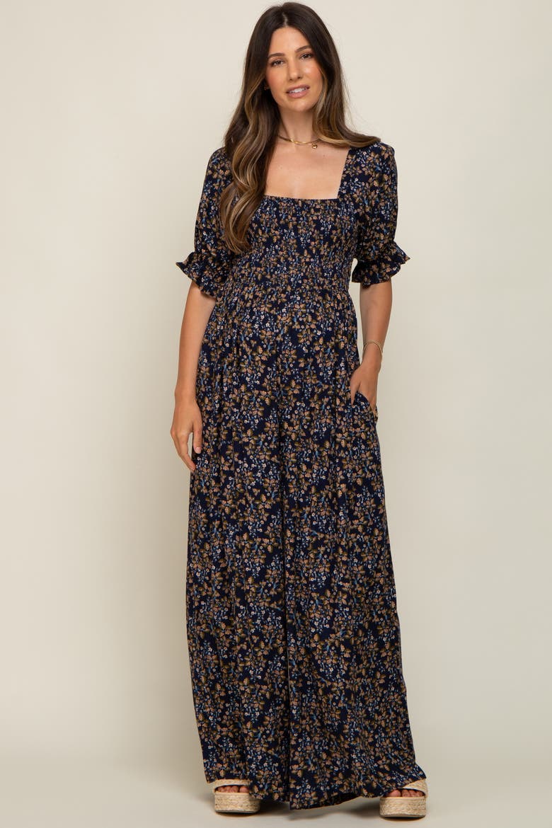 Floral Smocked Jumpsuit, Alternate, color, Navy Blue