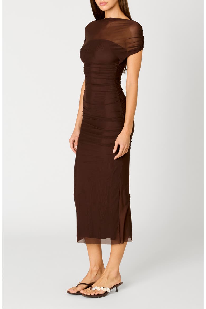 Aria Ruched Off the Shoulder Mesh Midi Dress, Alternate, color, CHOCOLATE