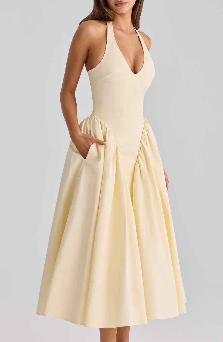 HOUSE OF CB Marilyn Halter Cotton Blend Midi Sundress, Alternate, color, Lemon