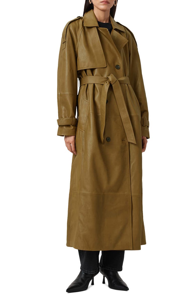 AllSaints Reed Leather Trench, Main, color, Fango Green