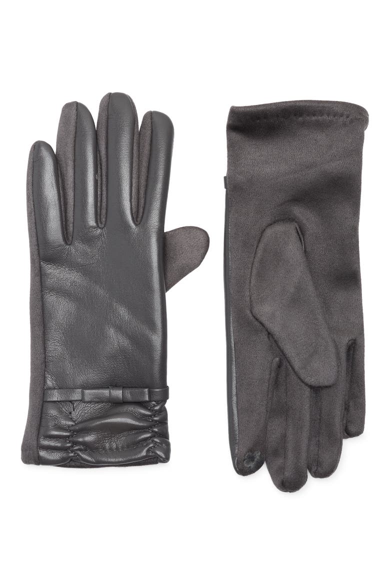Bow Faux Leather Gloves, Main, color, GREY