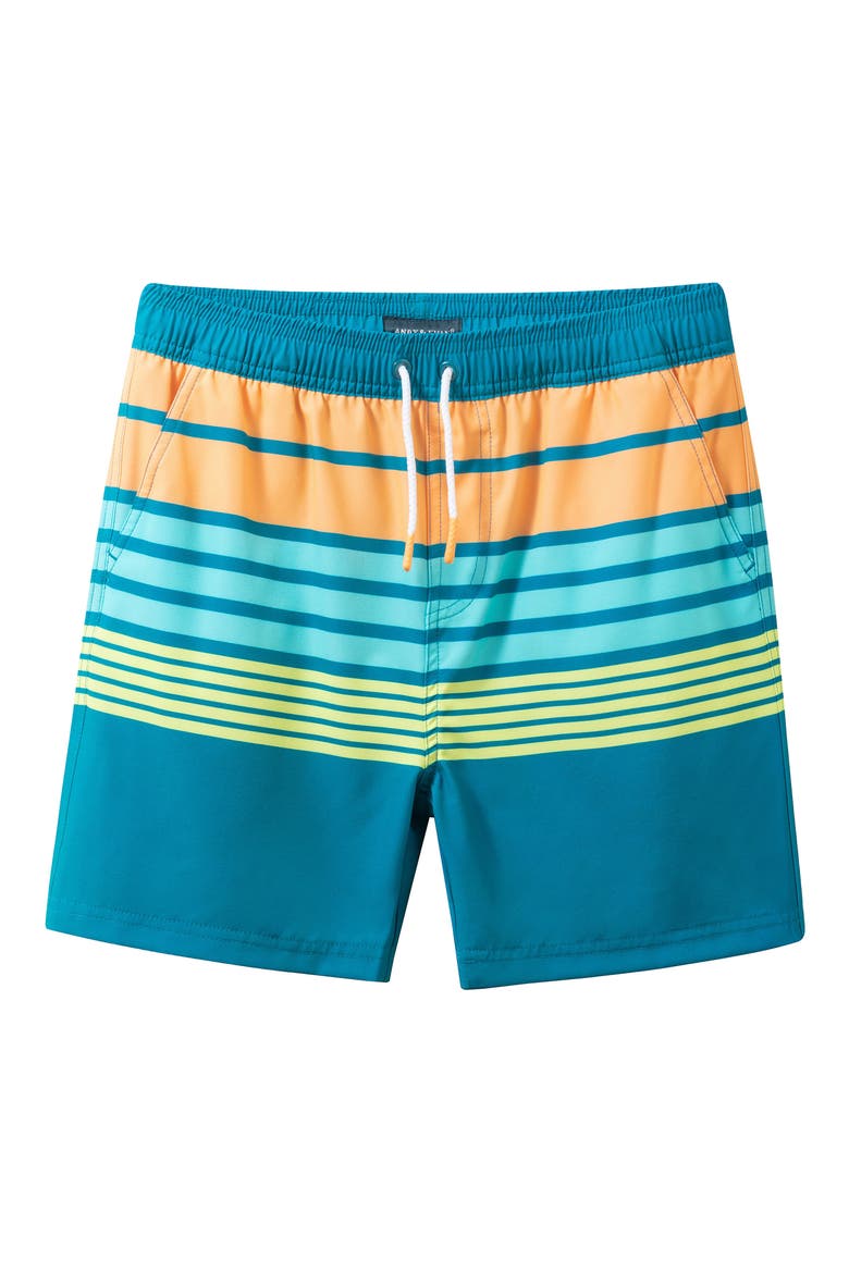 Kids' Floral Print Volley Swim Shorts, Main, color, OCEAN STRIPE