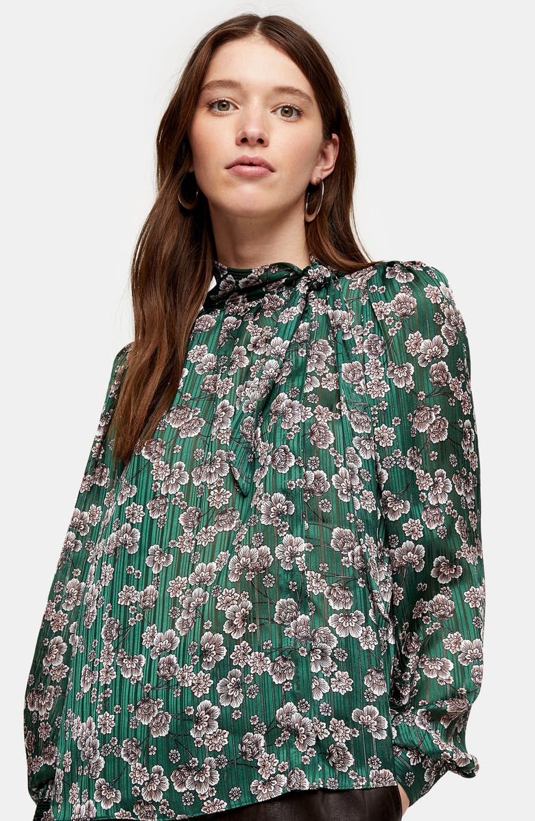 Topshop Bow Neck Floral Top, Alternate, color,