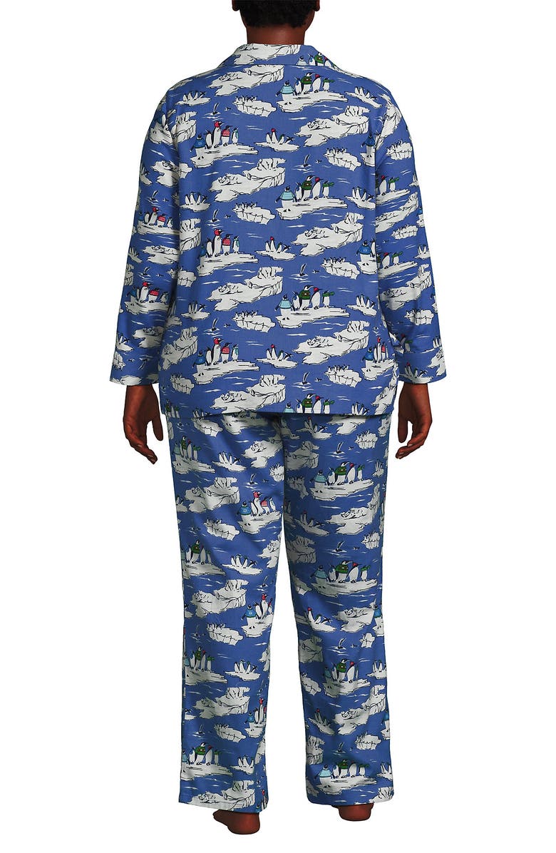 Lands' End Flannel 2 Piece Pajama Set - Long Sleeve Shirt and Pants, Alternate, color, Cobalt Blue Holiday Penguins