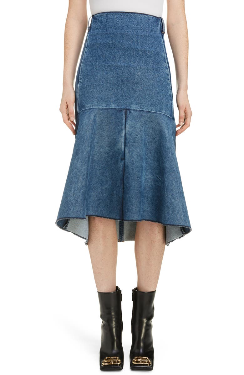 Balenciaga 3D Molded Flare Hem Denim Midi Skirt, Main, color,
