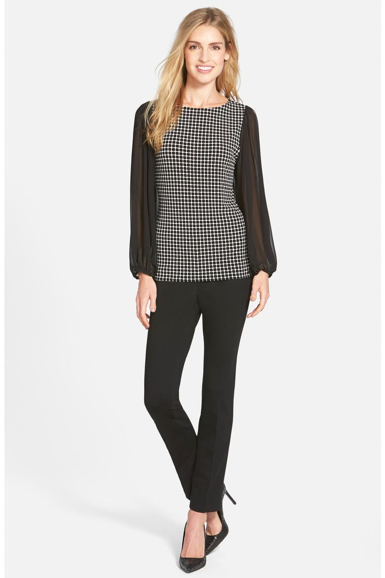 'Graphic Boxes' Top with Sheer Sleeves, Alternate, color, RICH BLACK