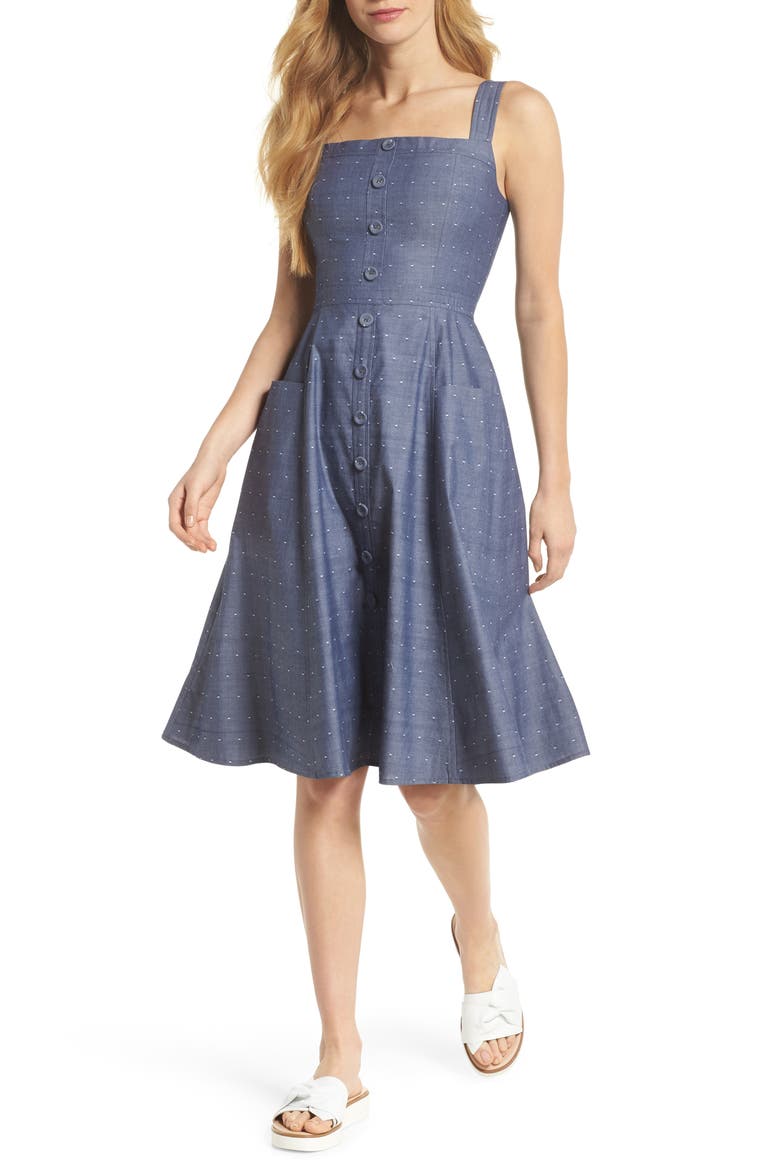 Riley Dot Chambray Fit & Flare Sundress, Main, color, CHAMBRAY WITH WHITE