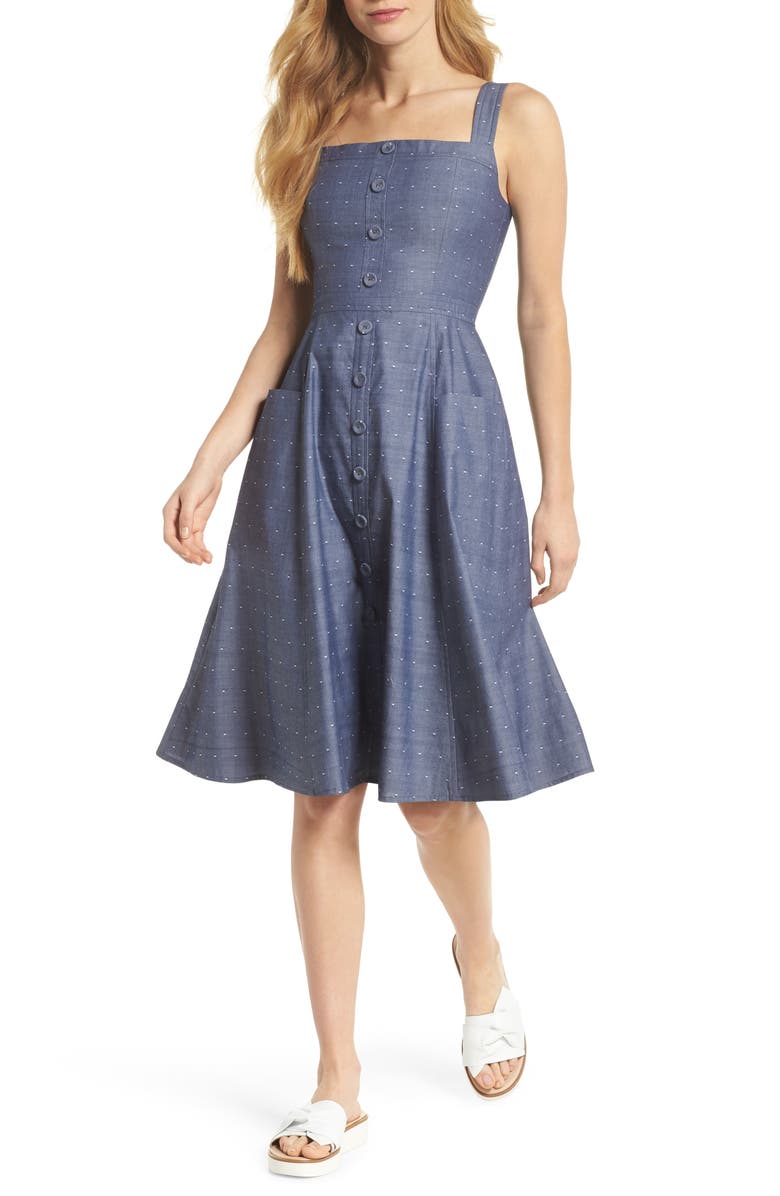 Gal Meets Glam Collection Riley Dot Chambray Fit & Flare Sundress, Main, color,