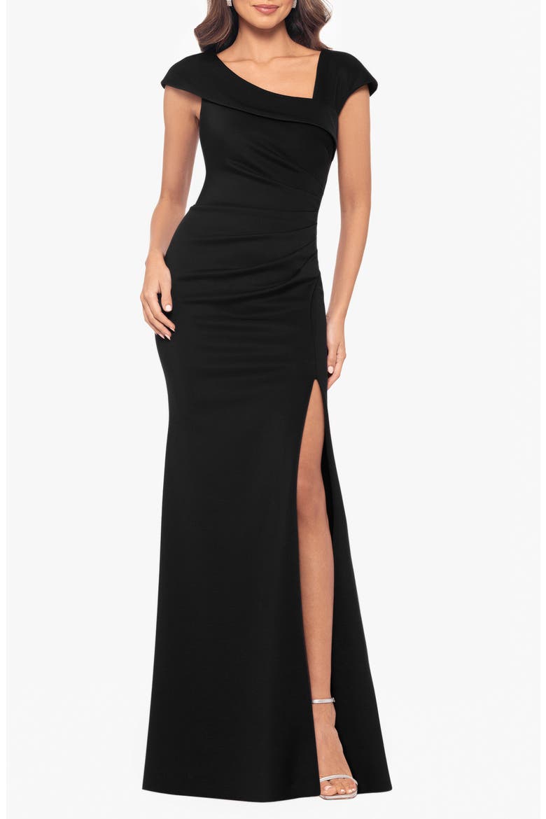 Asymmetric Neck Scuba Knit Trumpet Gown, Main, color, BLACK