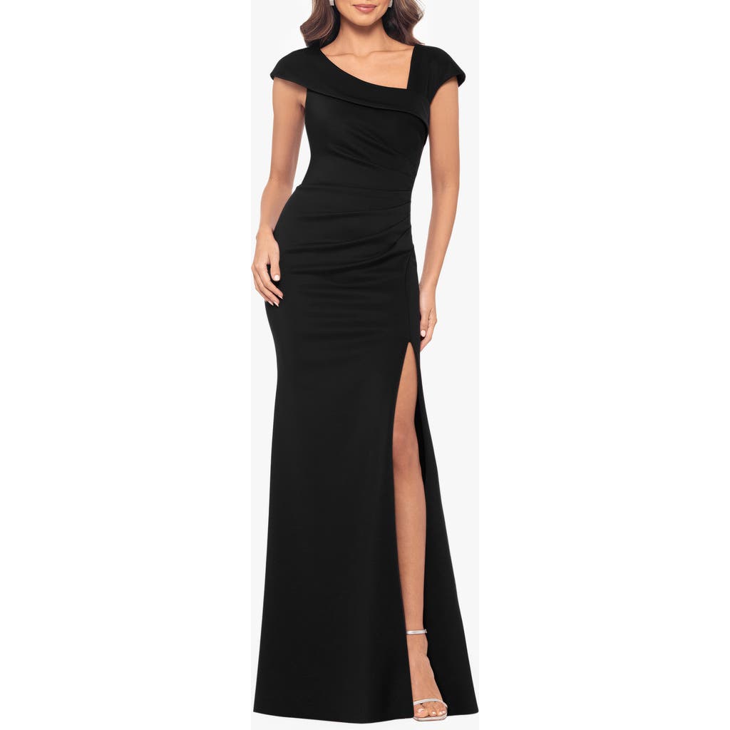 Xscape Evenings Asymmetric Neck Scuba Knit Trumpet Gown in Black  product