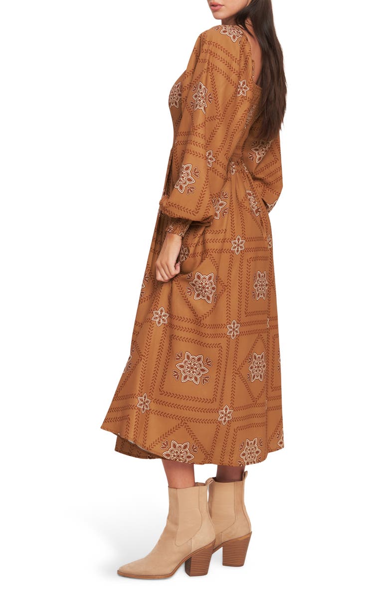 FLYING TOMATO Long Sleeve Print Midi Dress, Alternate, color, Camel