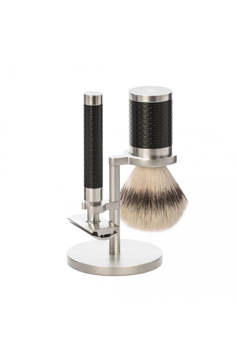 MÜHLE Rocca Stainless Steel & Black 3-Piece Silvertip Fiber & Safety Razor Shaving Set, Main, color, Steel