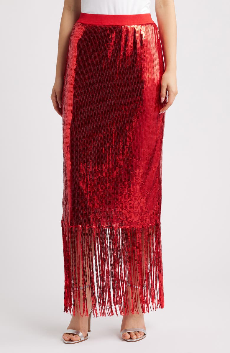 ICHI Ihmollia Sequin Fringe Skirt, Main, color, Red