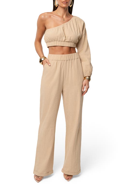 Jluxlabel Coastal Tide Cotton One-shoulder Top & Wide Leg Pants Set In Brown