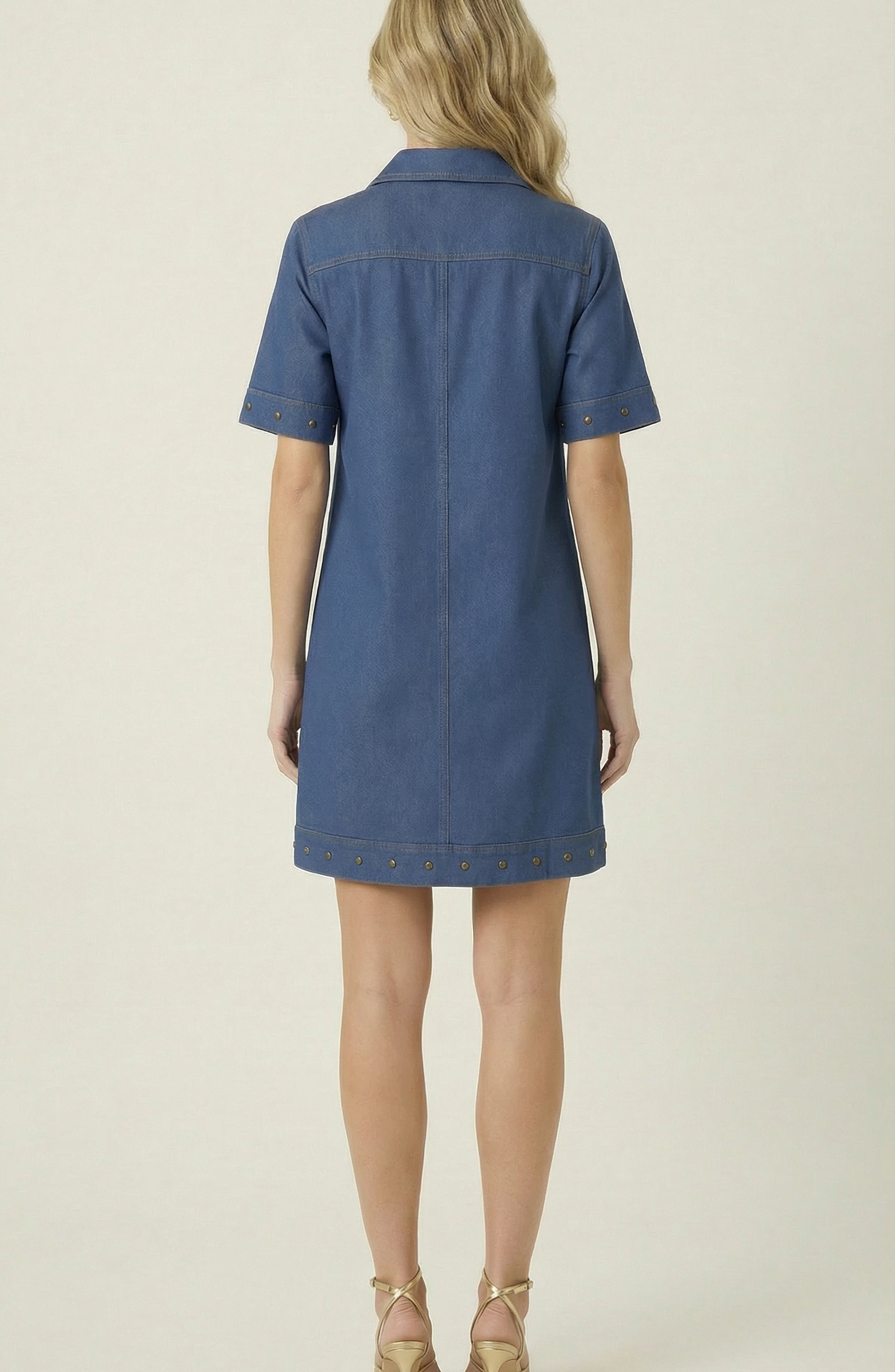 Studded Half-Zip Collared Denim Mini Dress - image 2