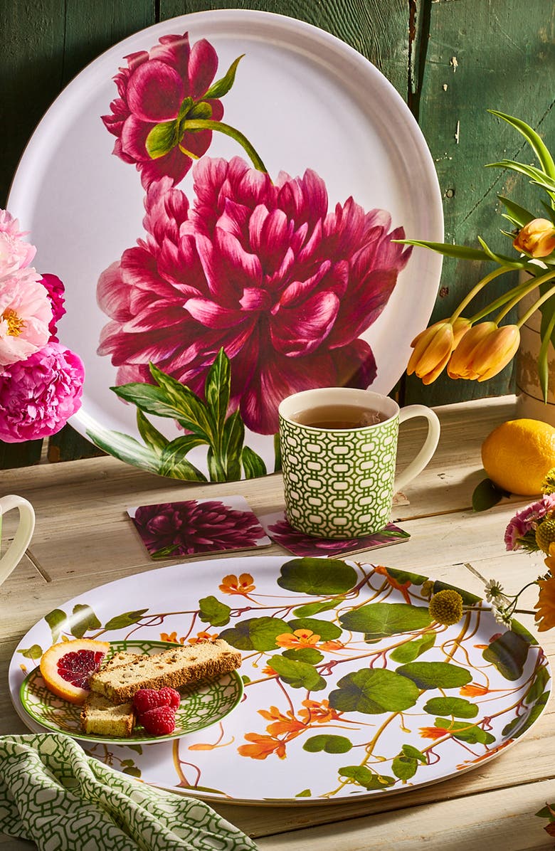 Caskata Birchwood Trays-Wood & Melamine, Alternate, color, Pink Peony Large Round Tray