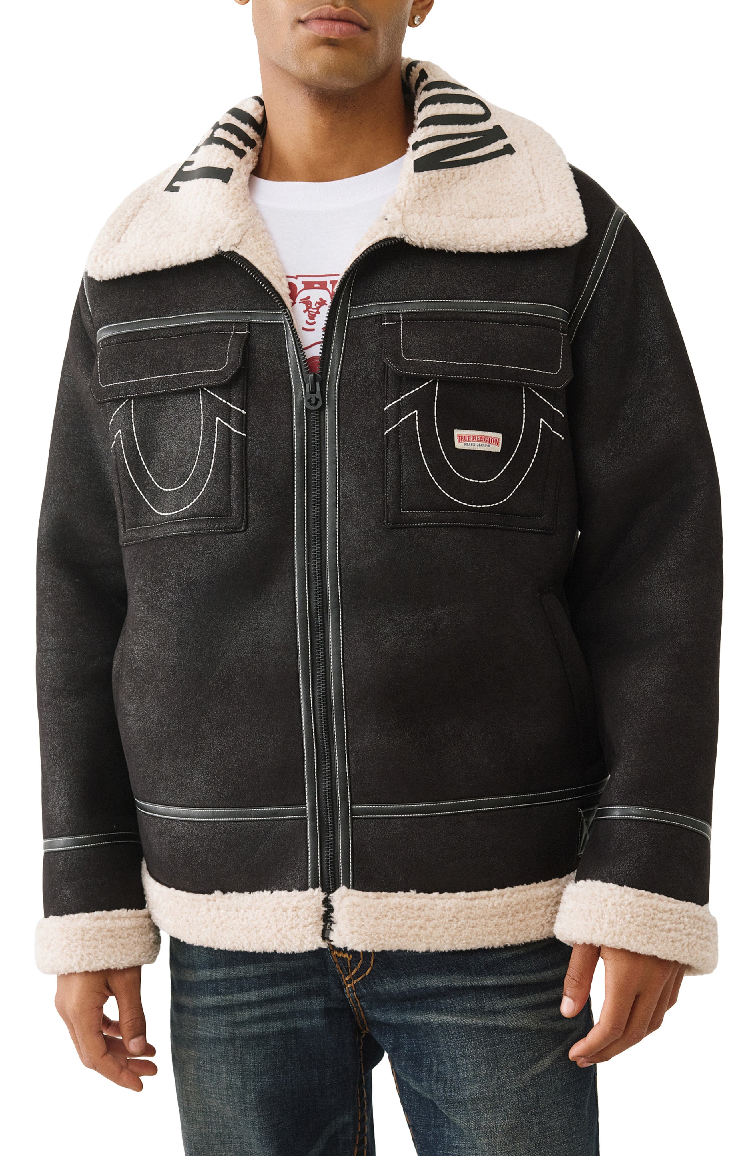 True Religion Faux Shearling Trim Faux Leather Jacket