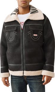 True Religion Faux Shearling Trim Faux Leather Jacket